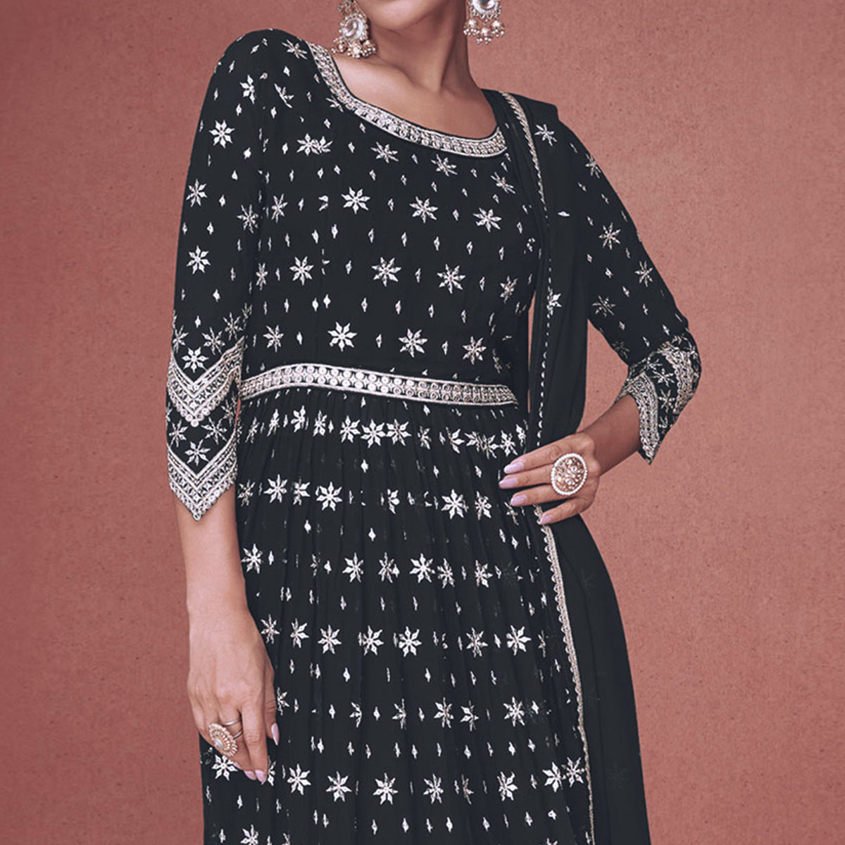Black Sequins Embroidered Georgette Semi Stitched Naira Cut Suit