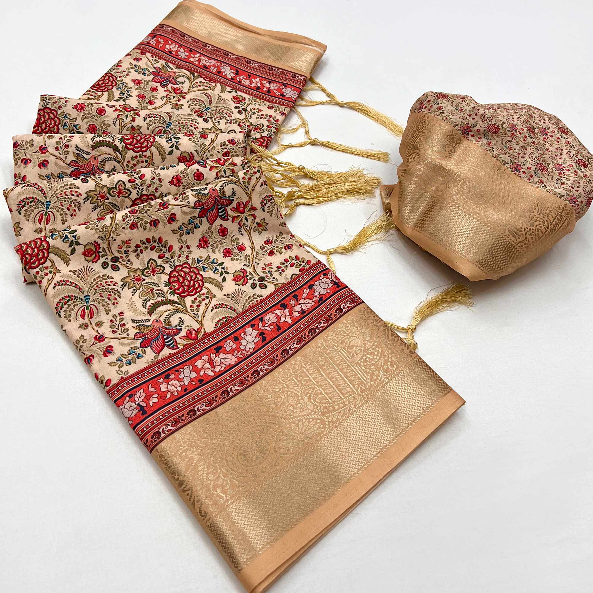 Chikoo Floral Digital Printed Pure Cotton Saree