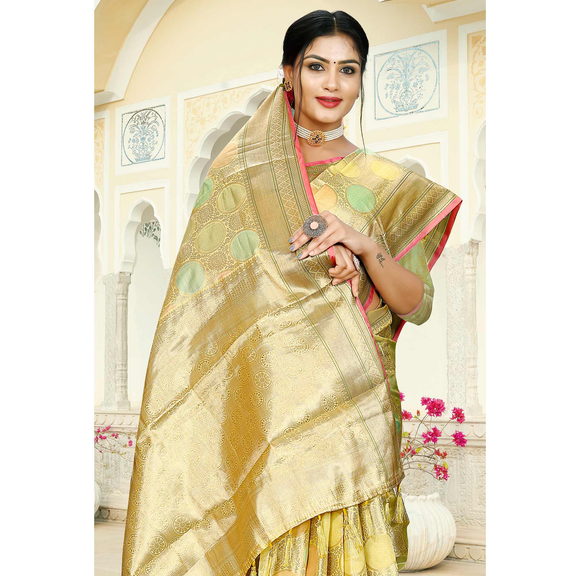 Lemon Green Floral Woven Organza Saree With Tassels