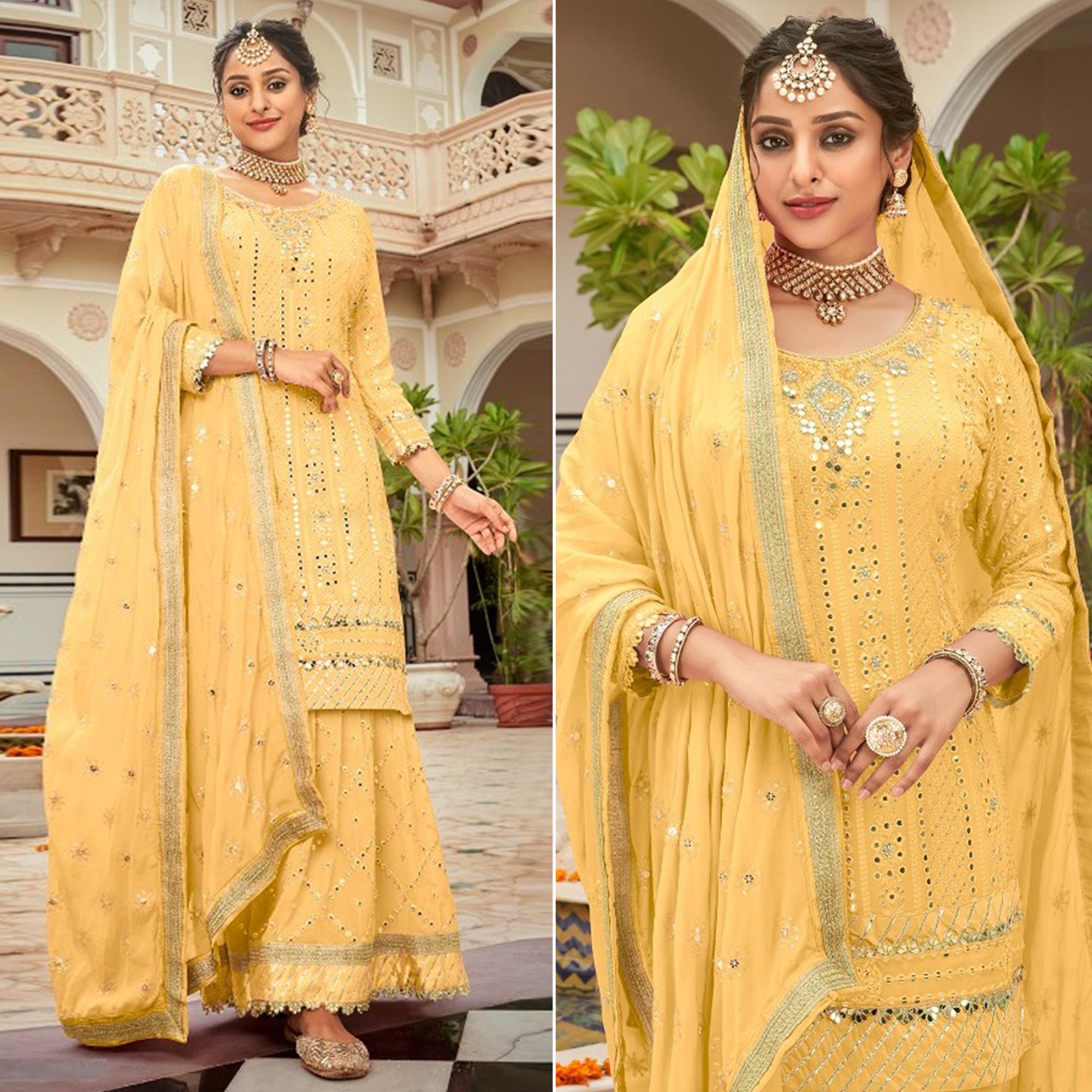 Yellow Mirror Work Georgette Sharara Suit