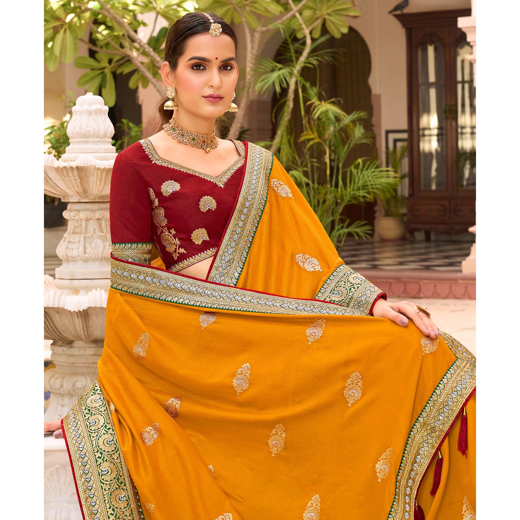 Mustard Embroidered Vichitra Silk Saree With With Tassels