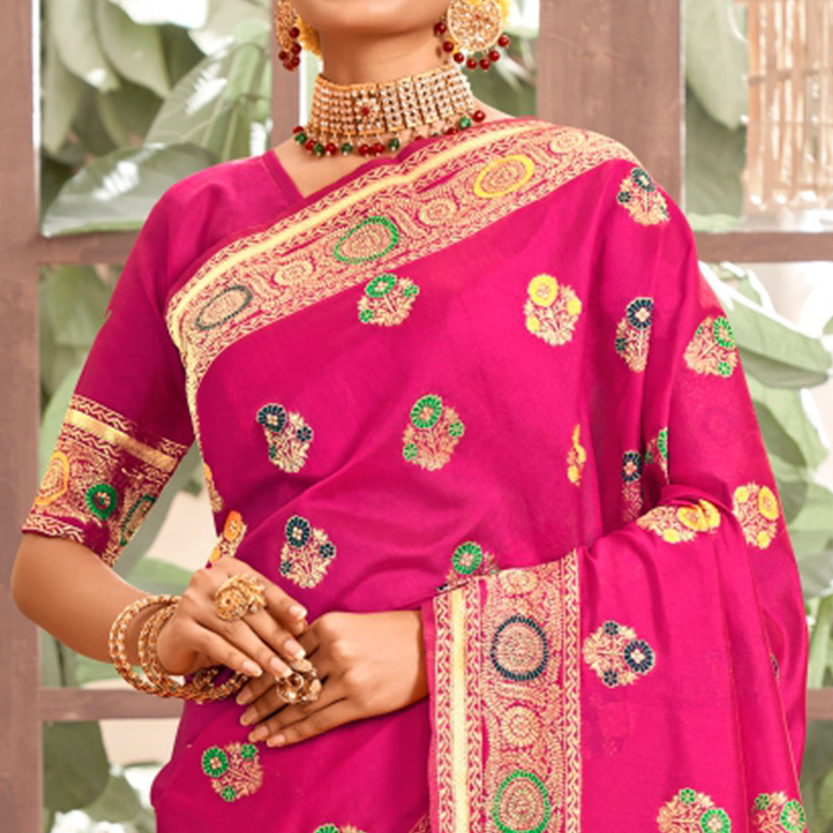 Rani Pink Woven Art Silk Saree