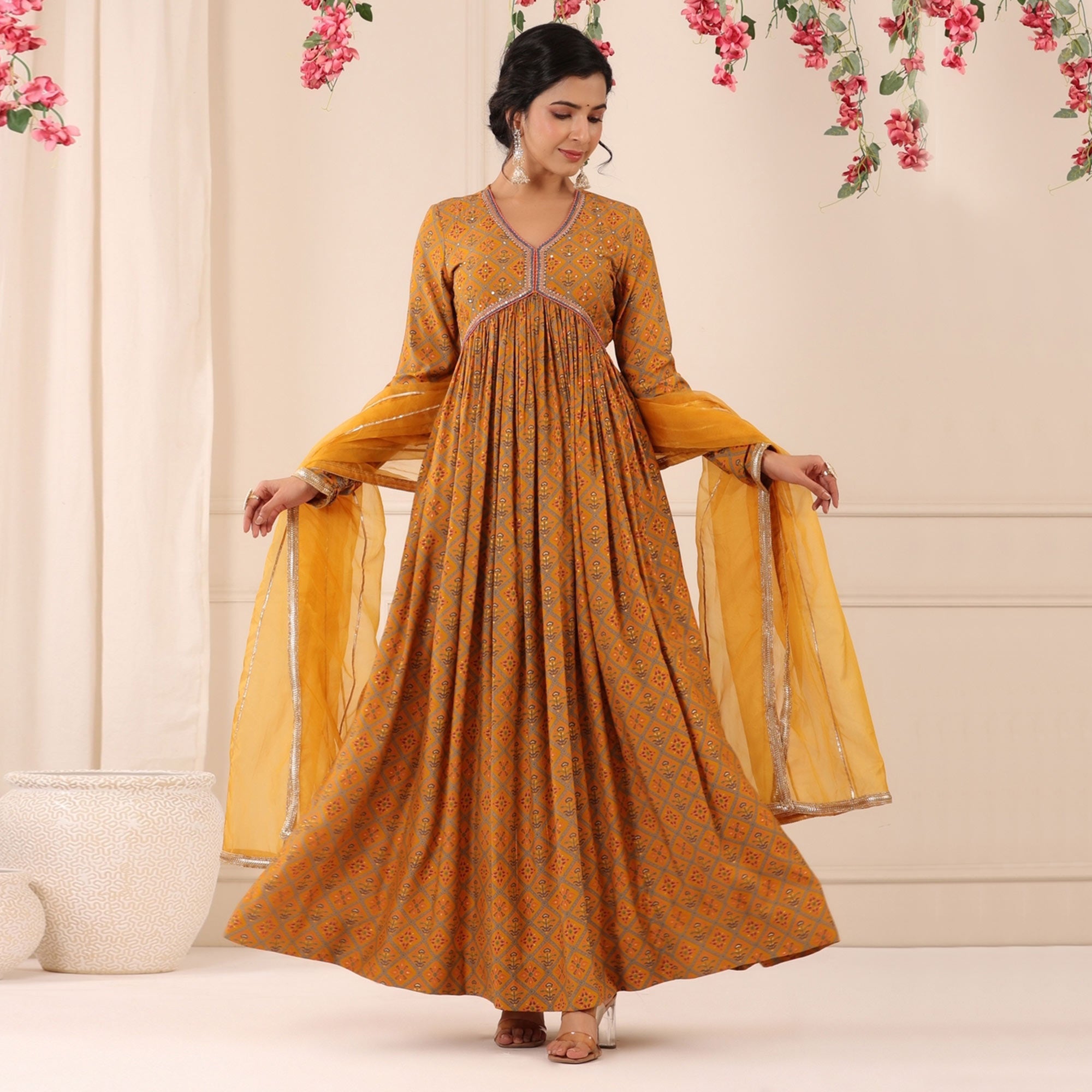 Mustard Patola Printed Muslin Gown With Dupatta