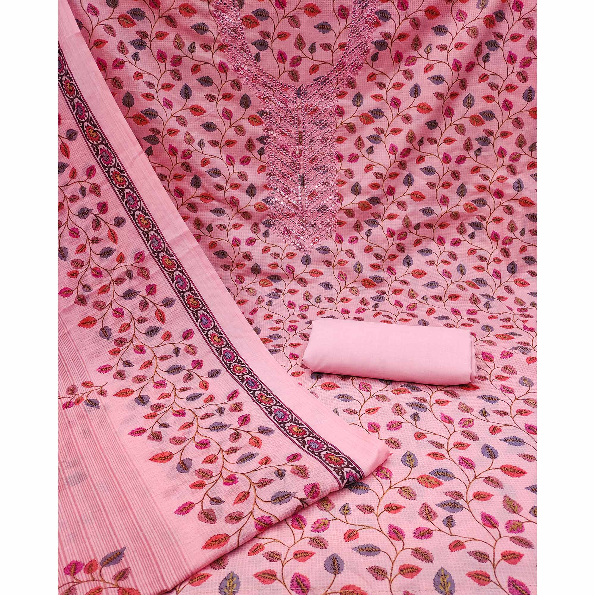 Pink Floral Printed-Mirror Work Pure Cotton Dress Material