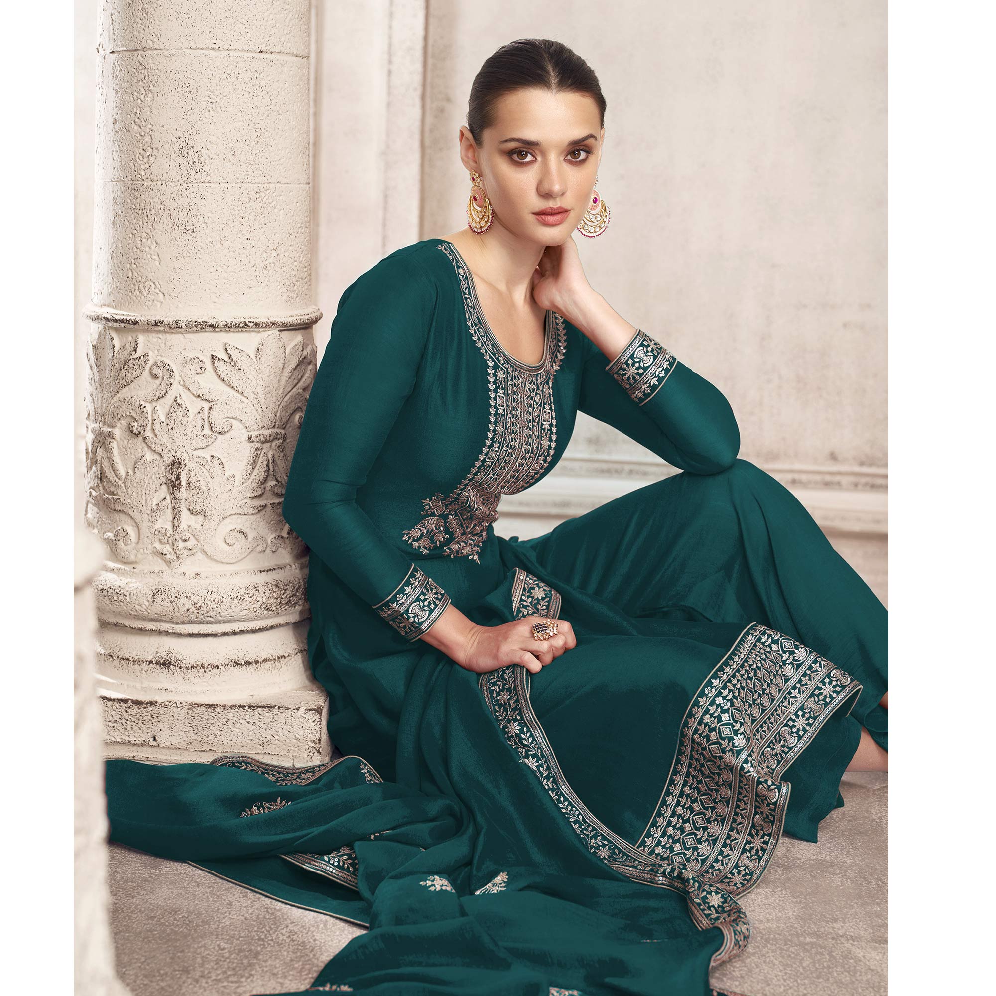 Green Embroidered Dola Silk Salwar Suit