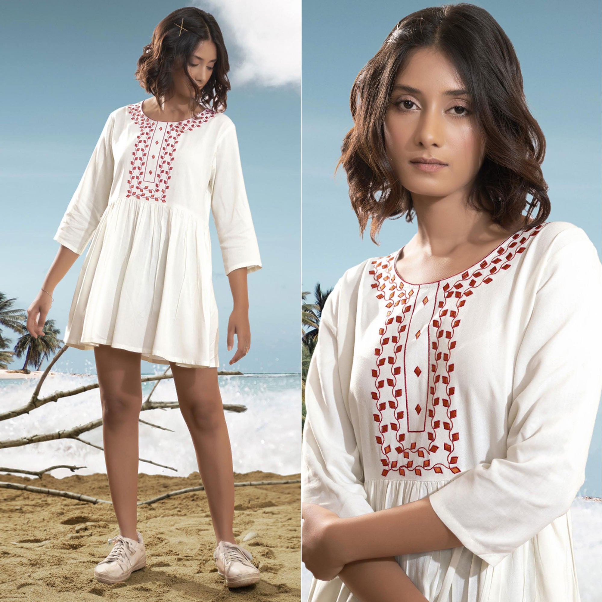 White Floral Embroidered Rayon Top