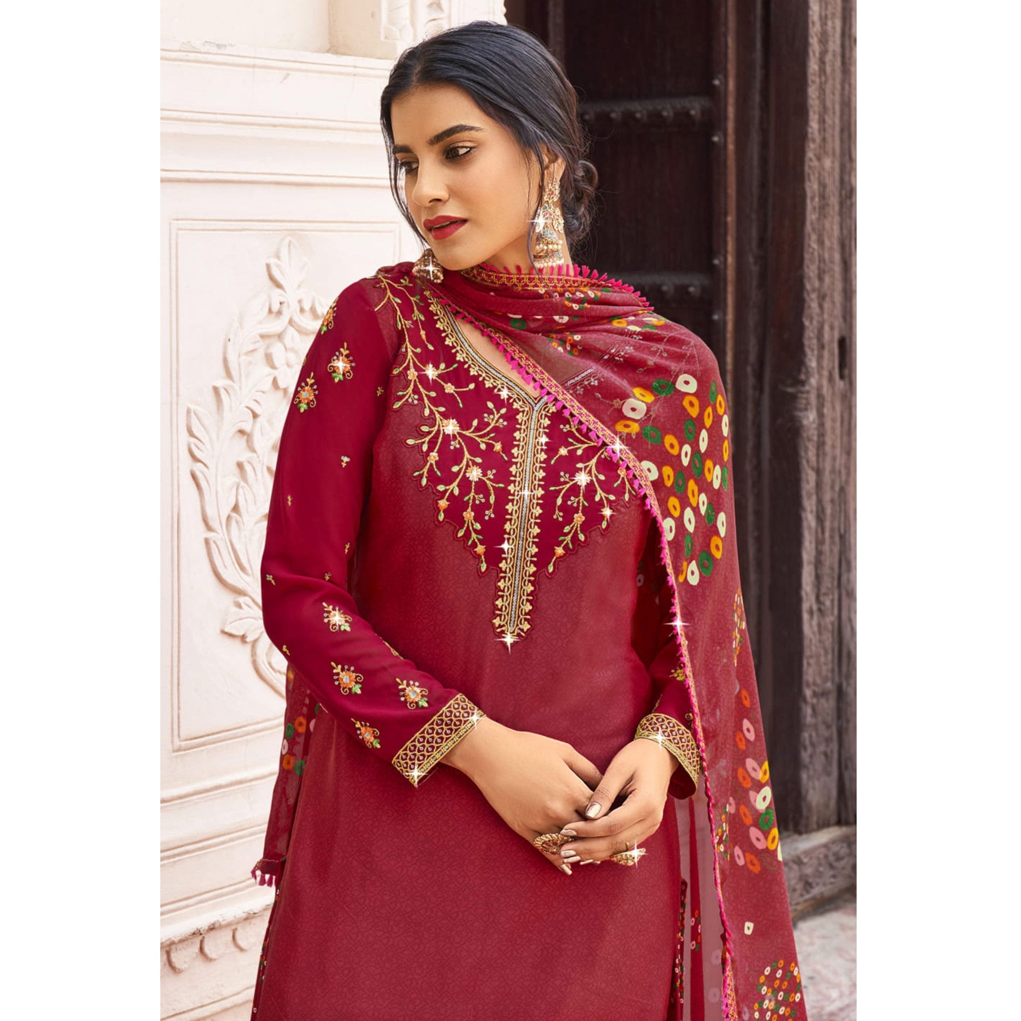 Red Floral Embroidered Crepe Patiala Suit