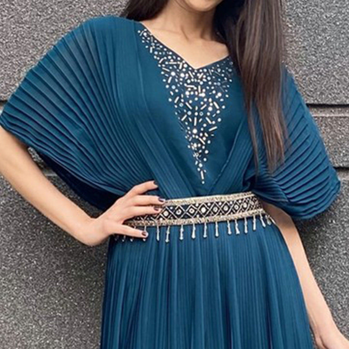 Blue Embellished Georgette Gown With Belt