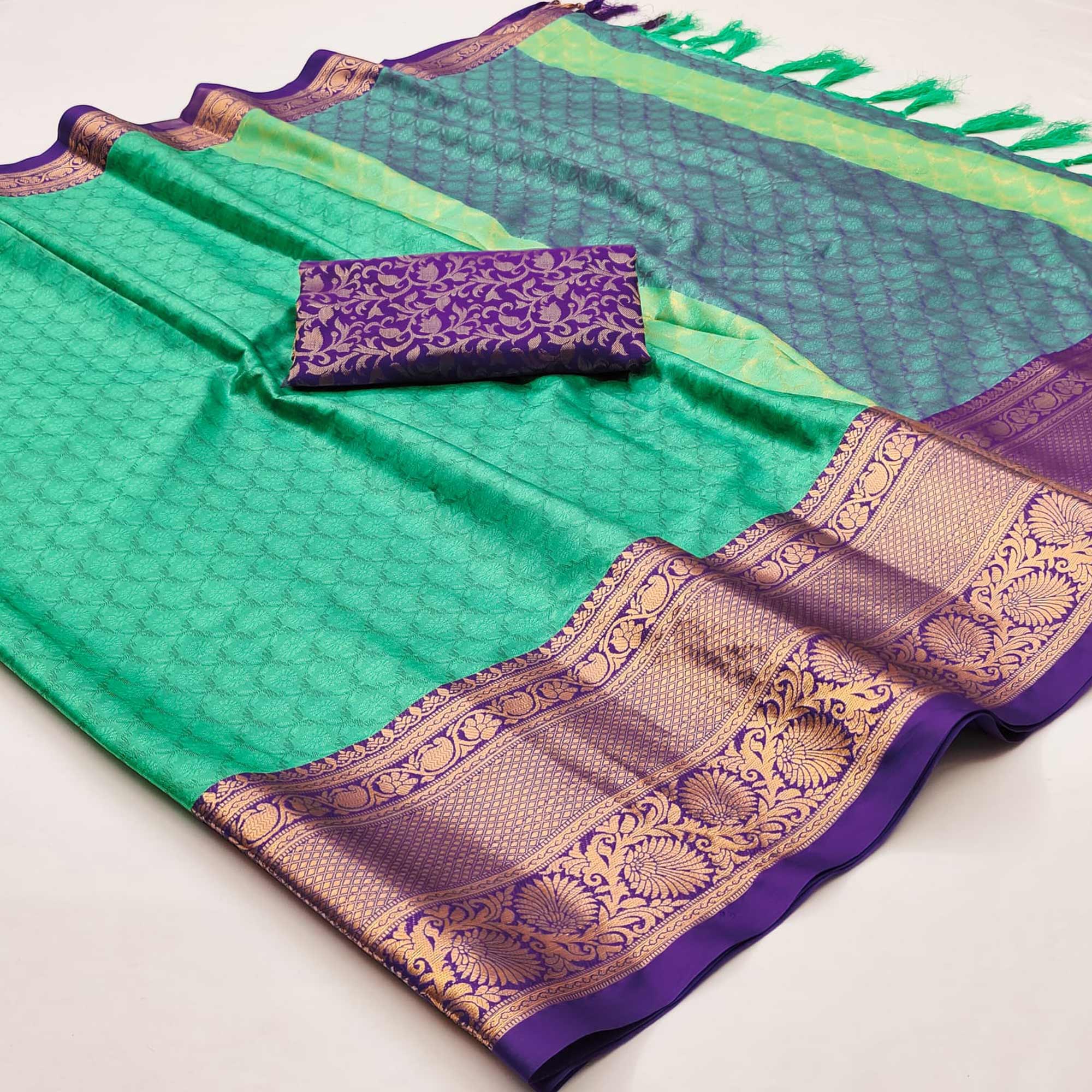 Light Rama Green Printed And Woven Cotton Silk Saree With Tassels