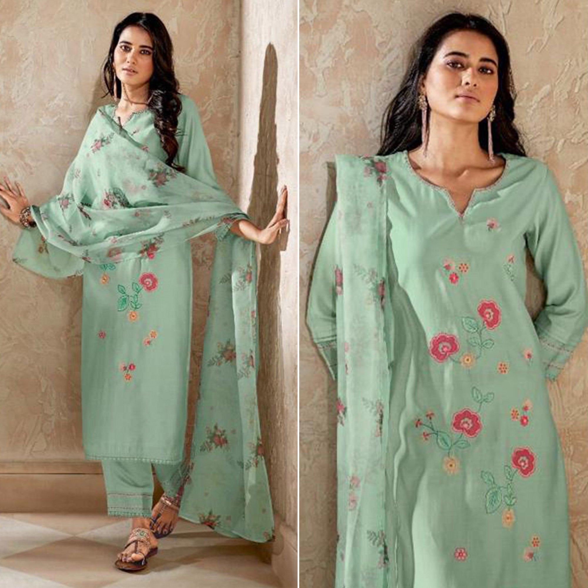 Sea Green Floral Embroidered Viscose Suit