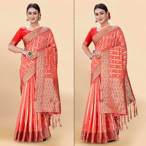 Pink Woven Organza Saree With Tassels