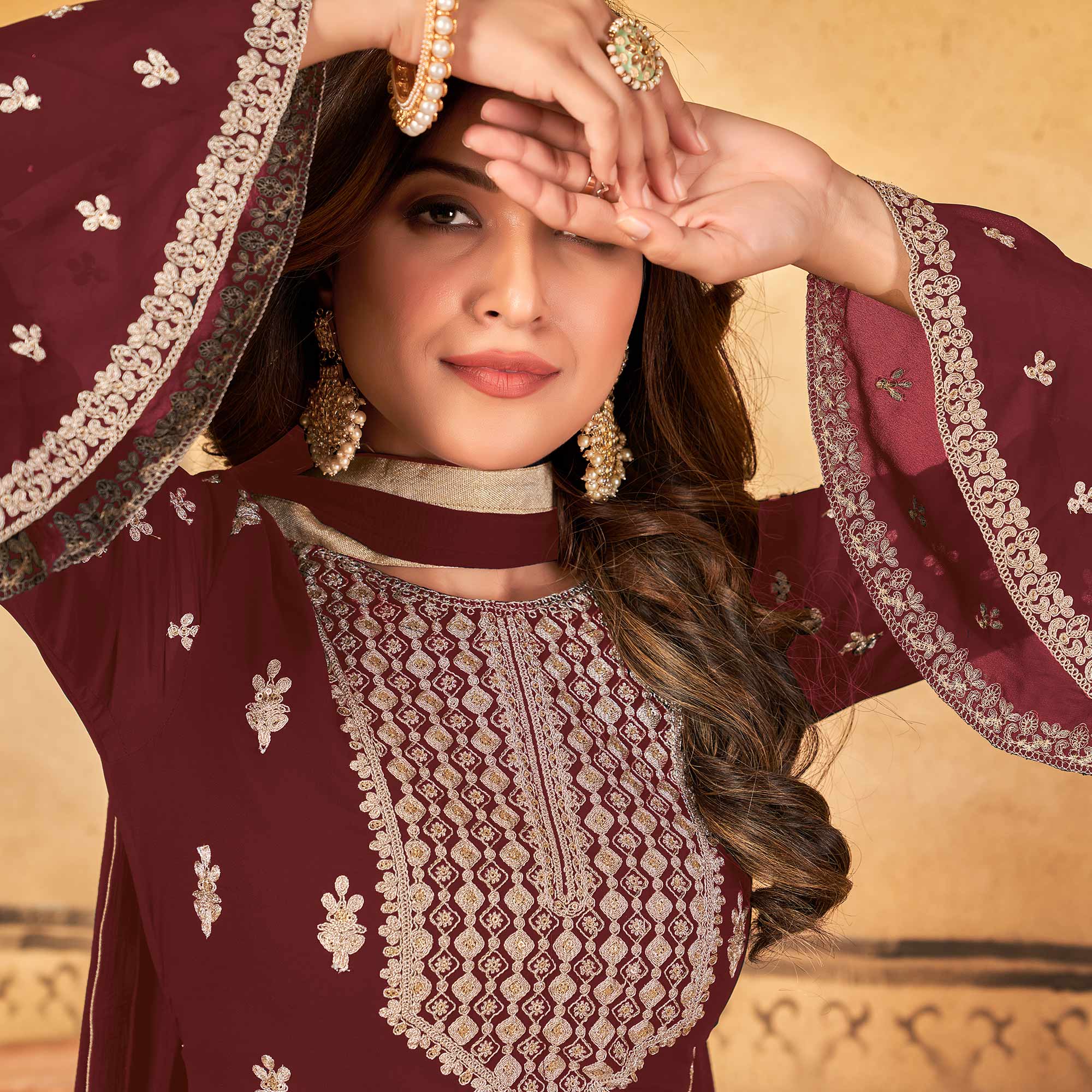 Maroon Floral Embroidered Georgette Palazzo Suit