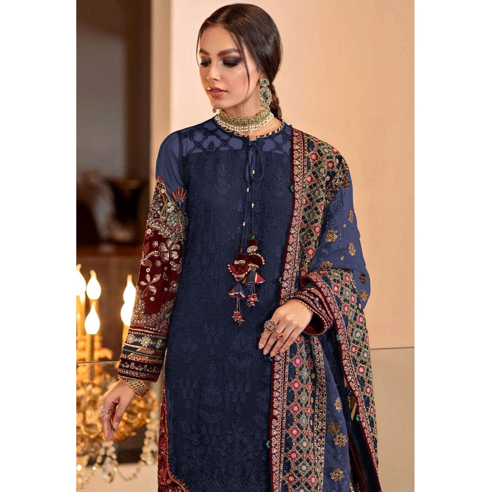 Blue Sequins Embroidered Georgette Pakistani Suit