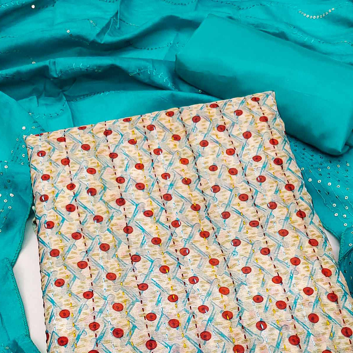 Cream & Blue Digital Printed With Embroidered Chanderi Dress Material
