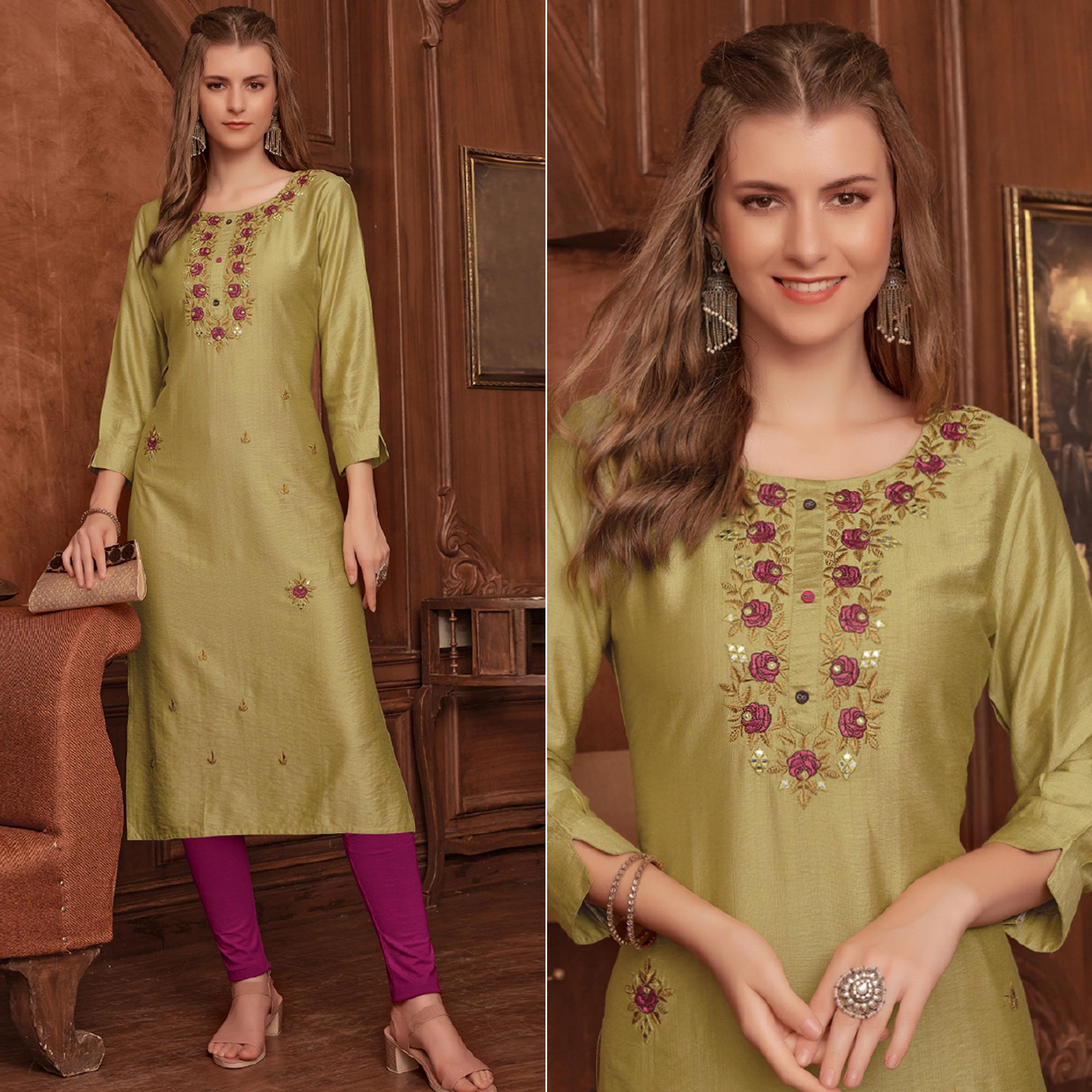 Mehendi Green Floral Embroidered Rayon Kurti