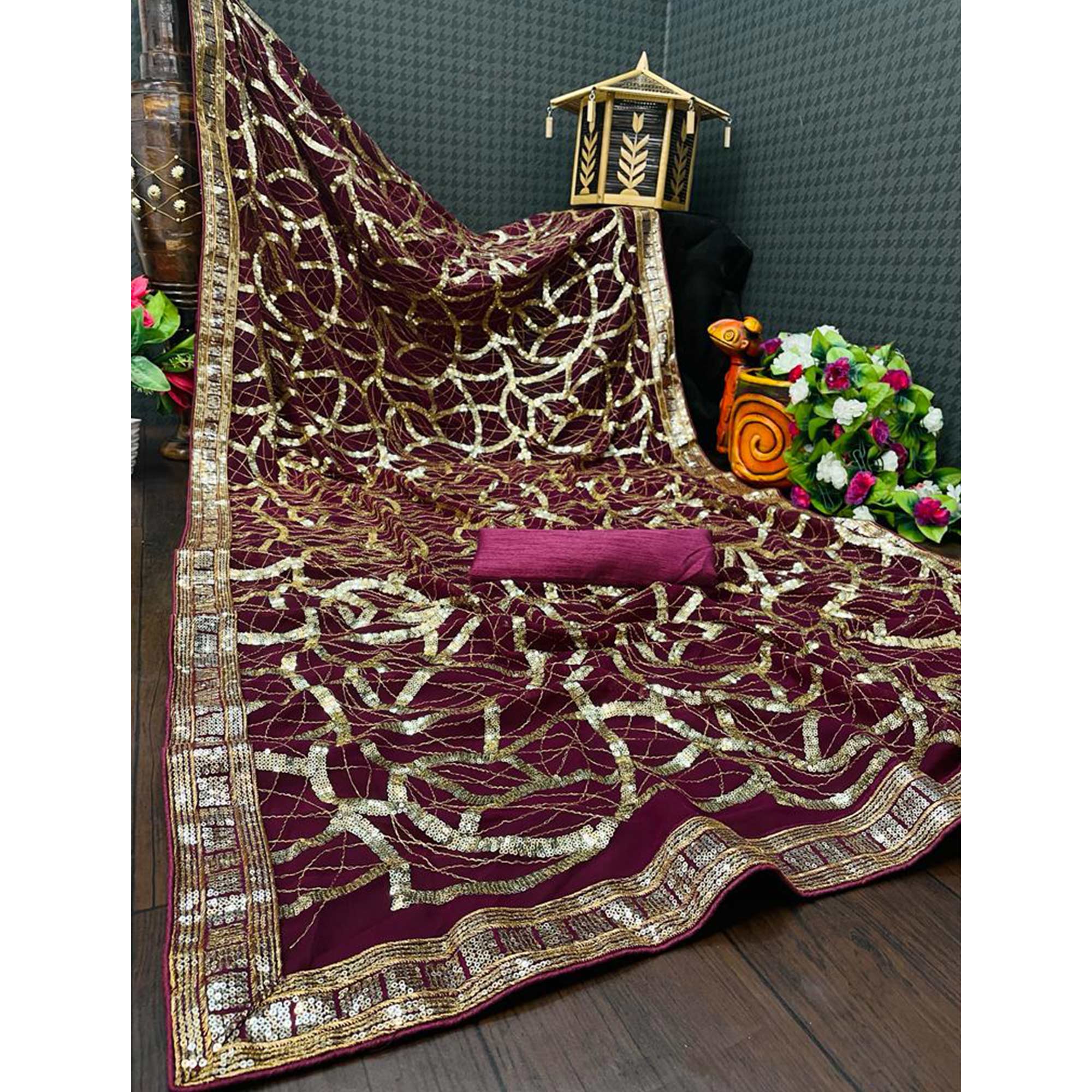 Wine Sequins Work Georgette Saree
