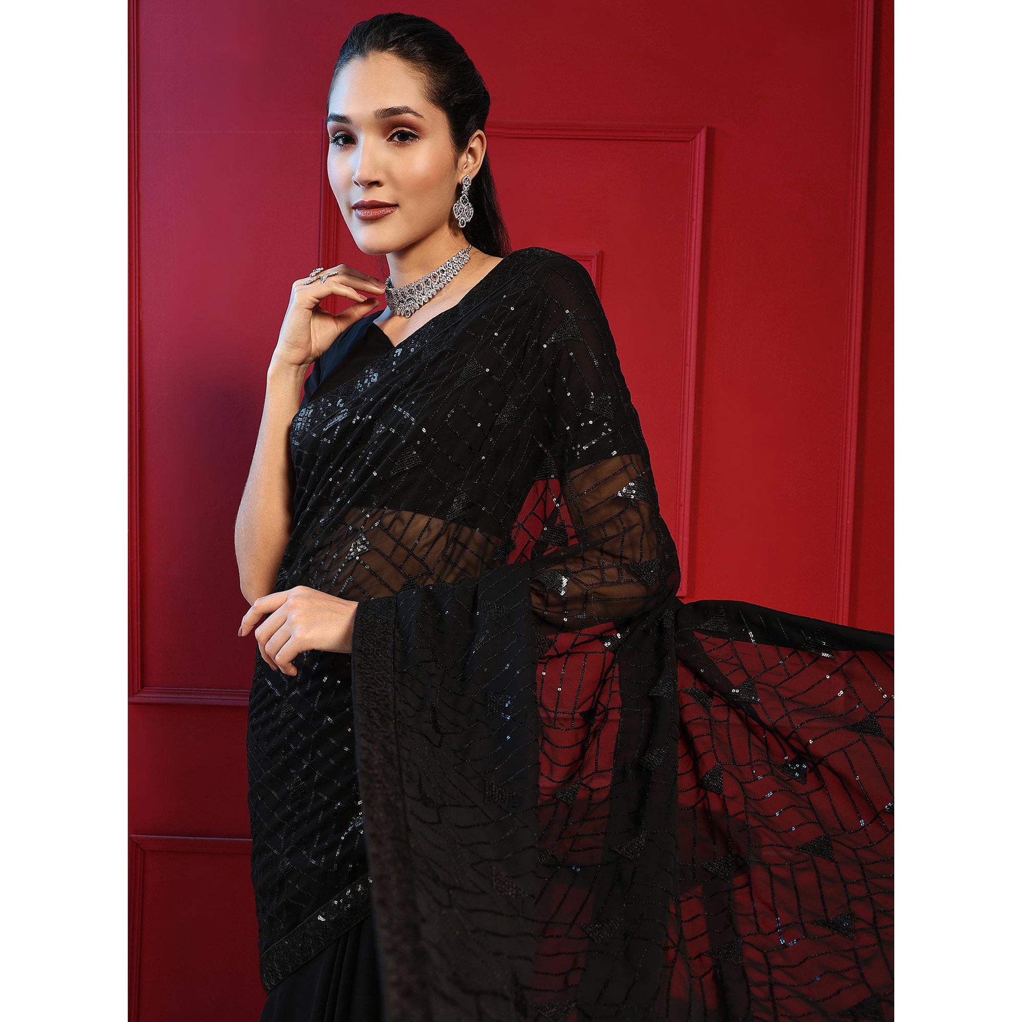 Black Sequins Embroidered Georgette Saree