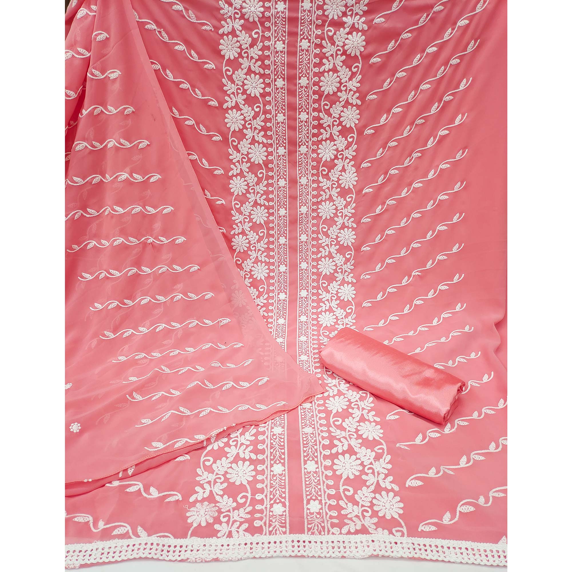 Peach Floral Embroidered Georgette Dress Material