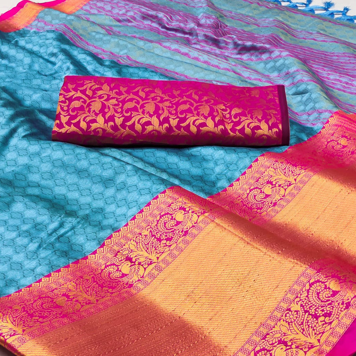 Sky Blue Woven Cotton Silk Saree With Tassels