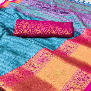 Sky Blue Woven Cotton Silk Saree With Tassels