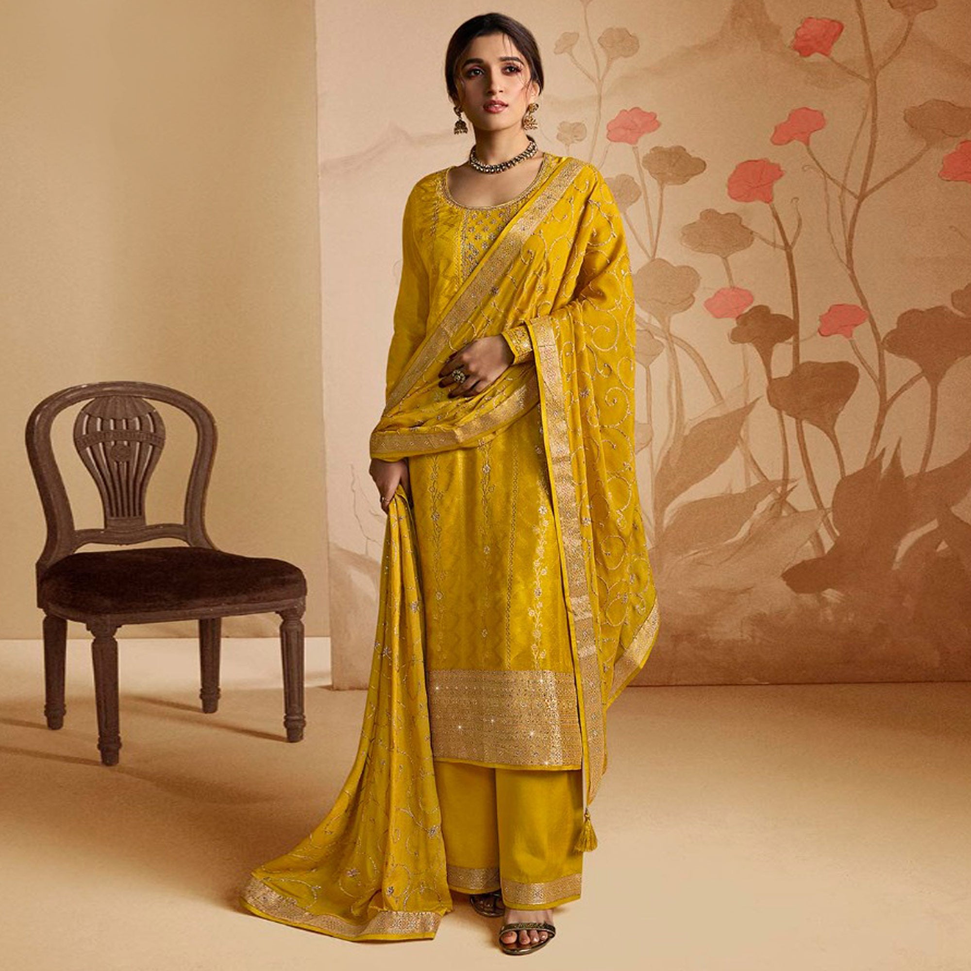 Yellow Woven And Embroidered Dola Silk Palazzo Suit
