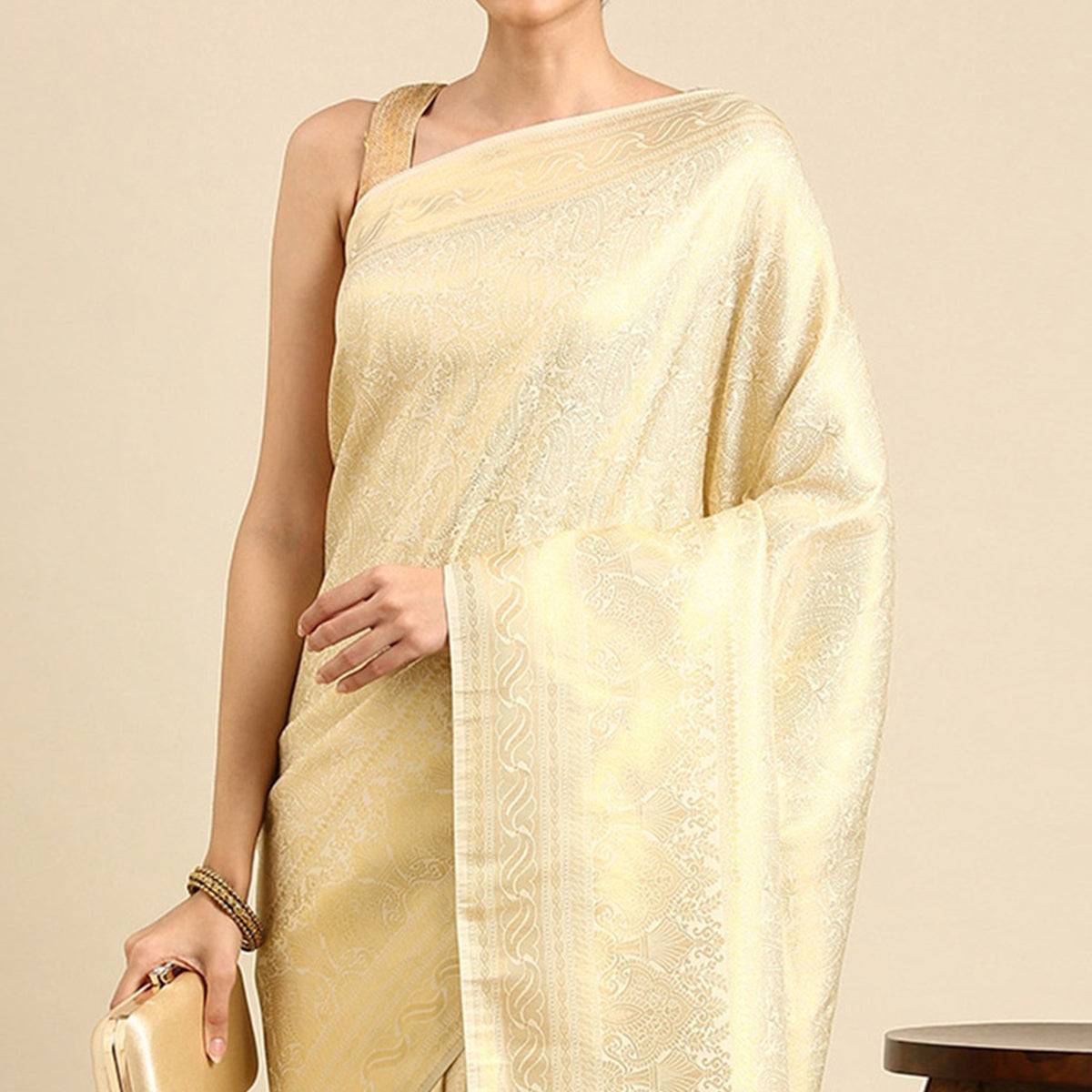 Cream Woven Kanjivaram Silk Saree