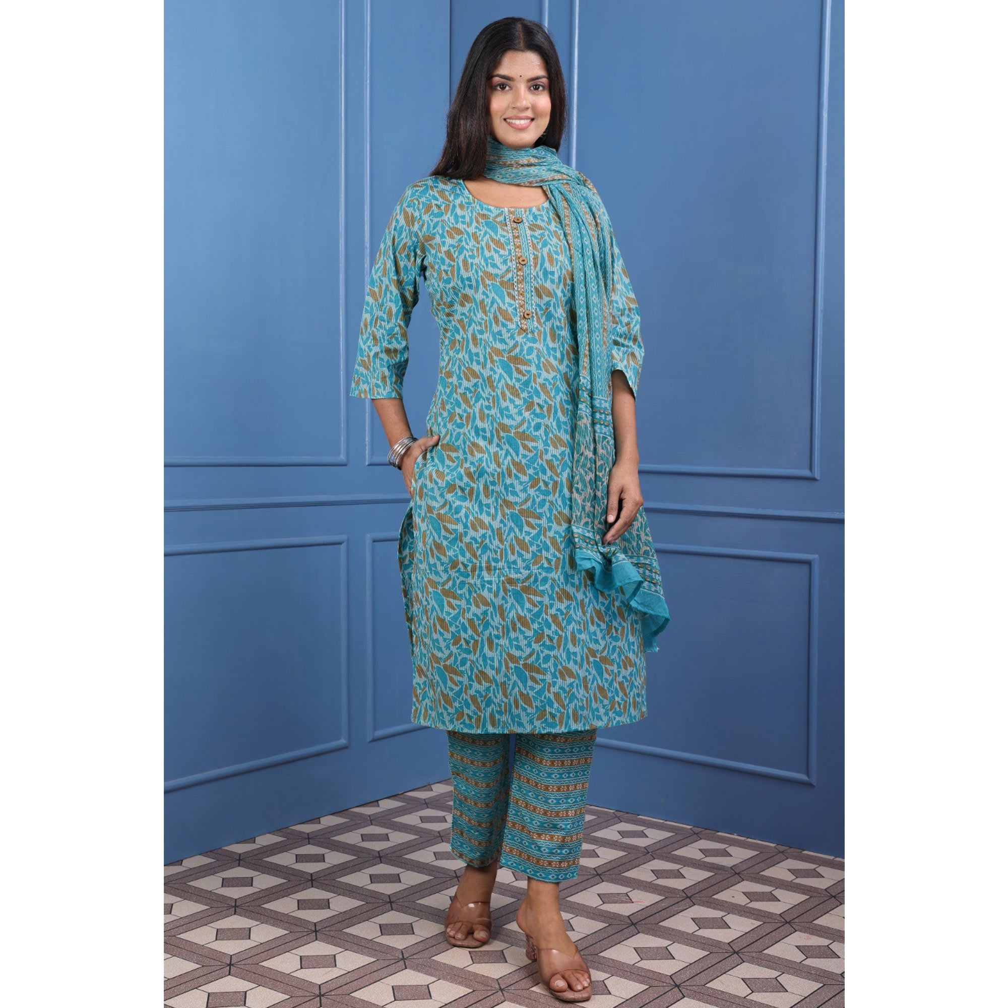 Turquoise Floral Printed Pure Cotton Suit