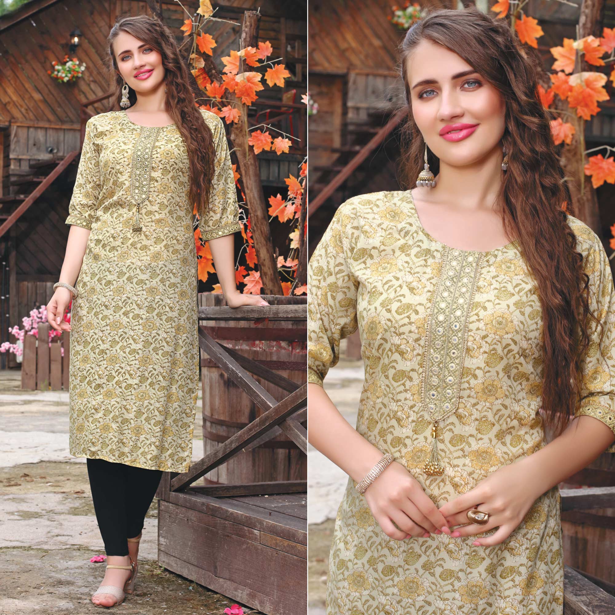 Beige Printed Muslin Kurti