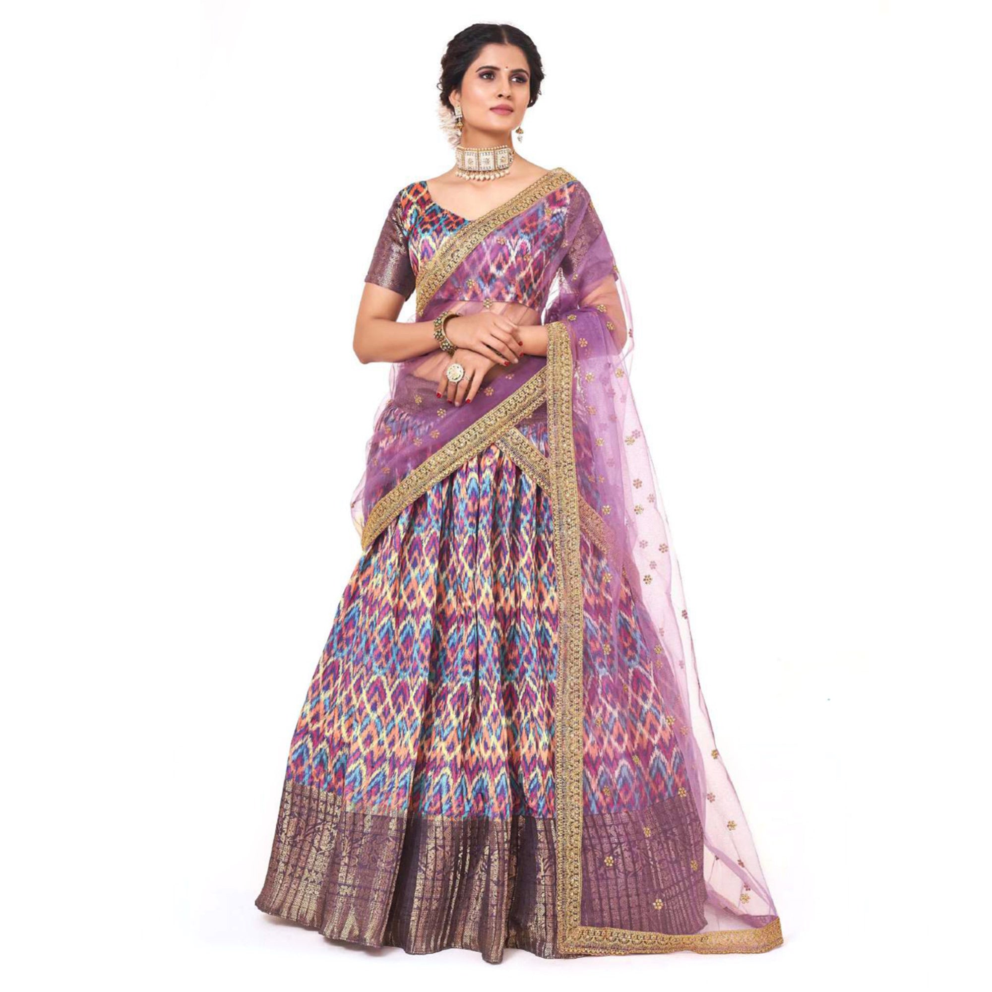 Multicolor Digital Printed With Zari Work Art Silk Lehenga Choli