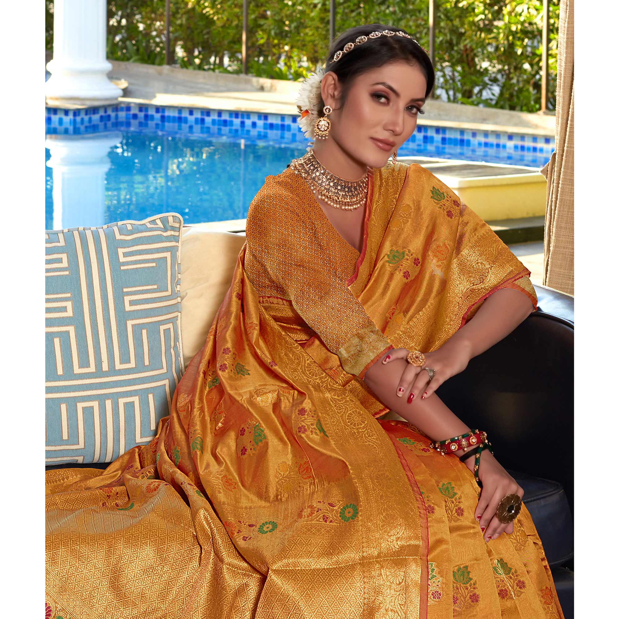 Mustard Floral Woven Organza Saree