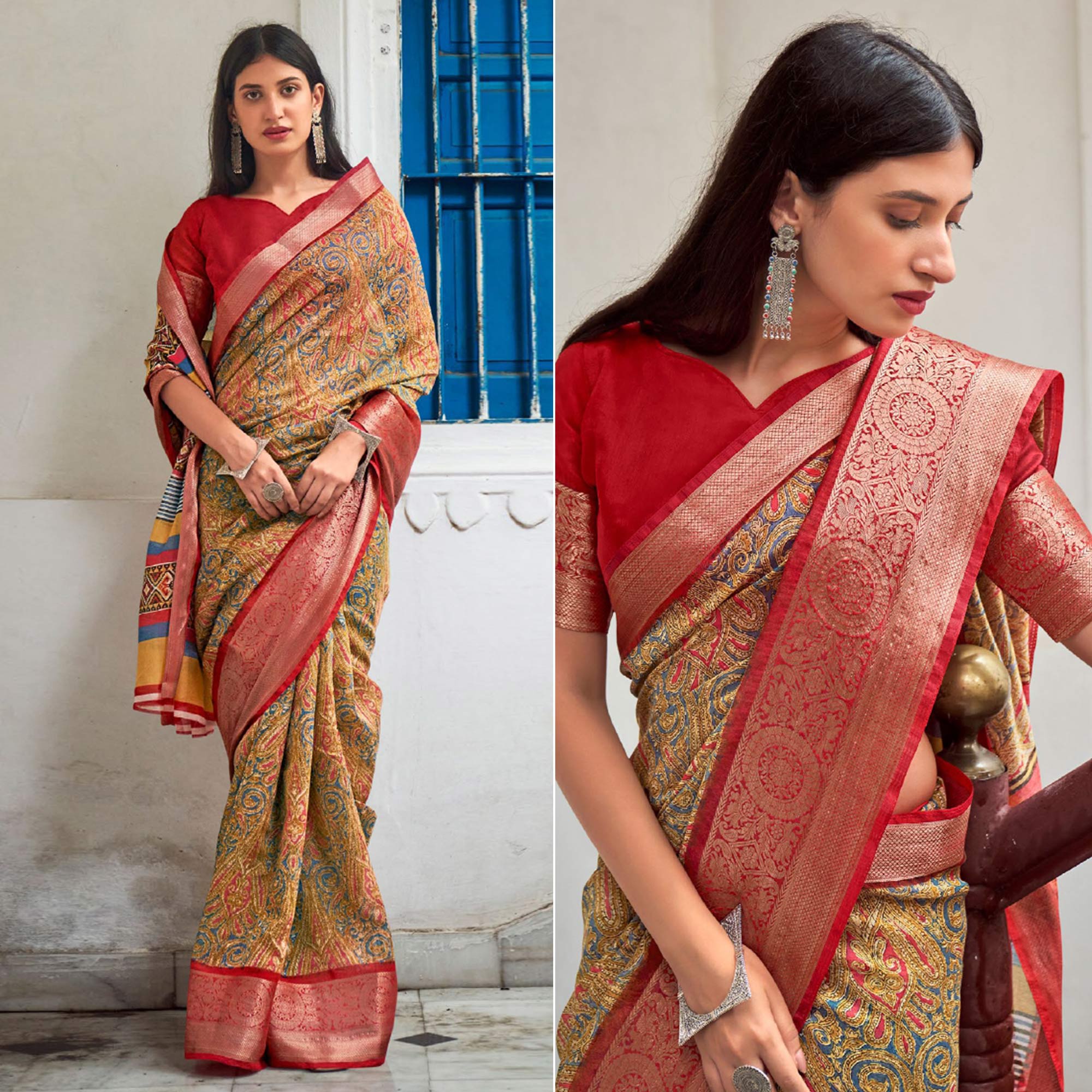 Mustard-Grey Printed With Woven Border Raw Silk Saree