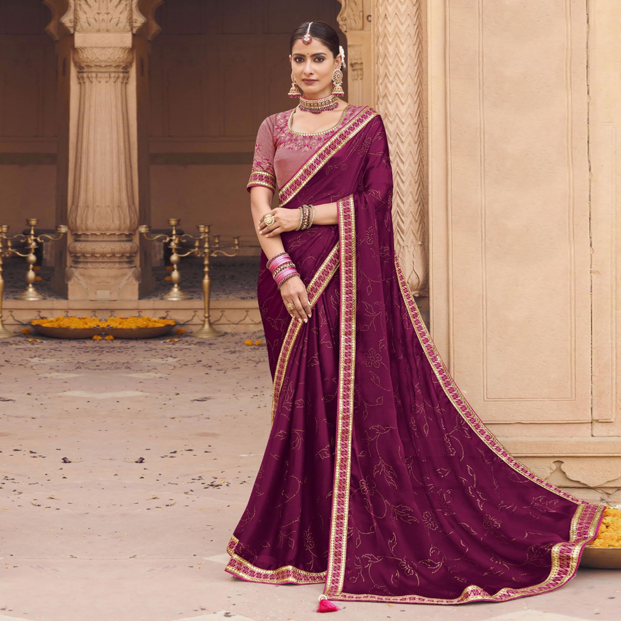 Purple Embellished With Embroidered Border Satin Saree