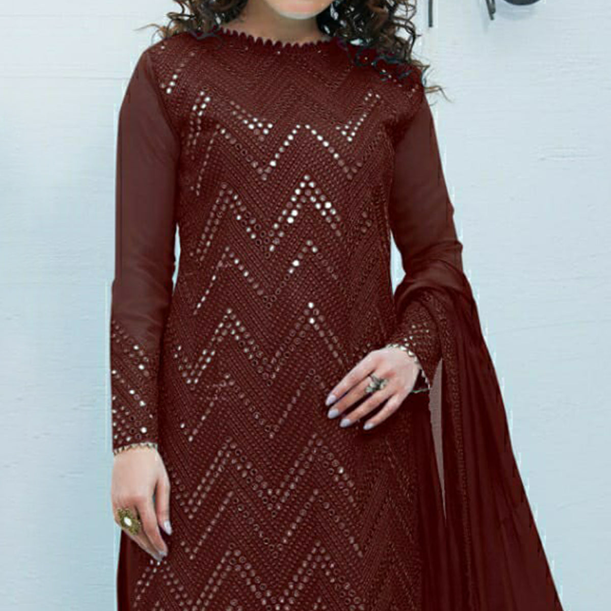 Brown Mirror Embroidered Georgette Suit