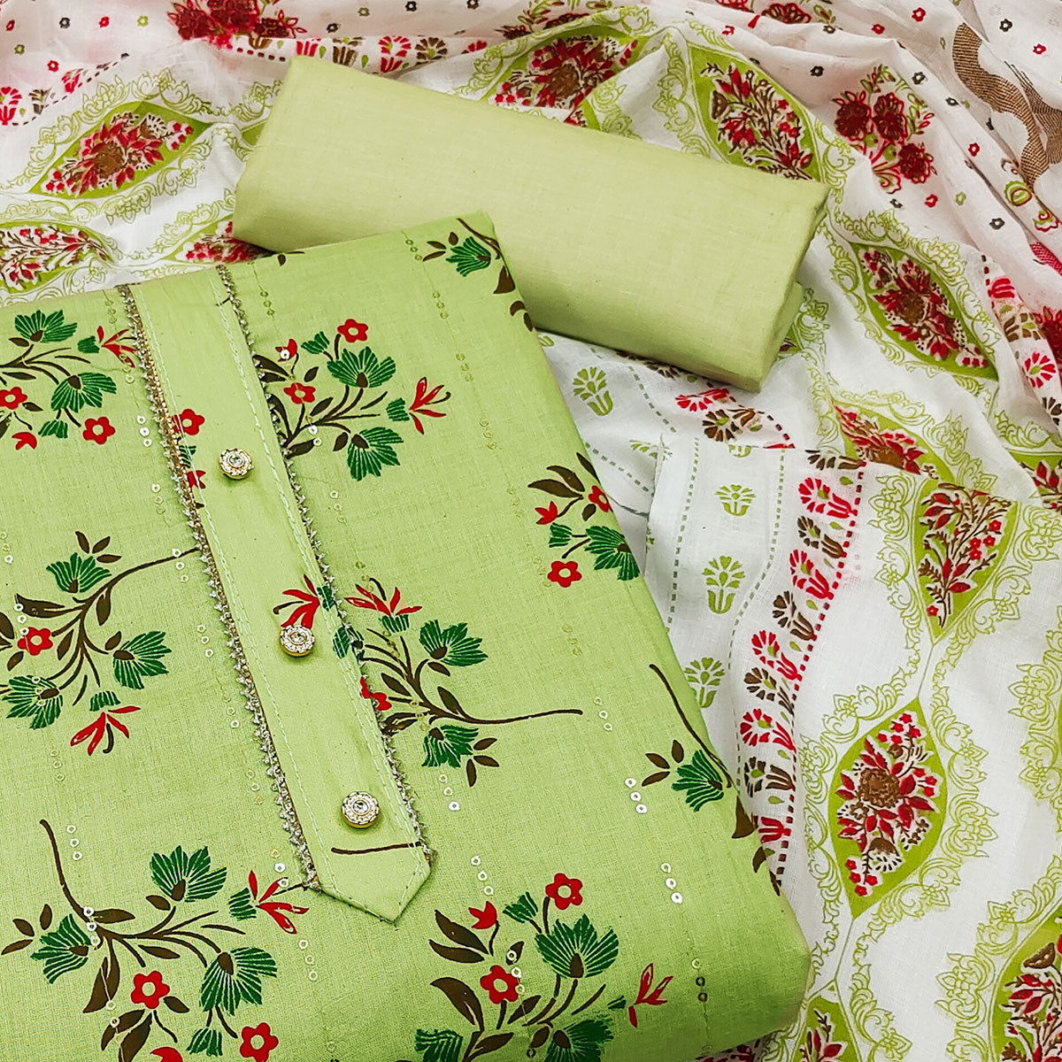 Green Floral Printed With Embroidered Pure Cotton Dress Material