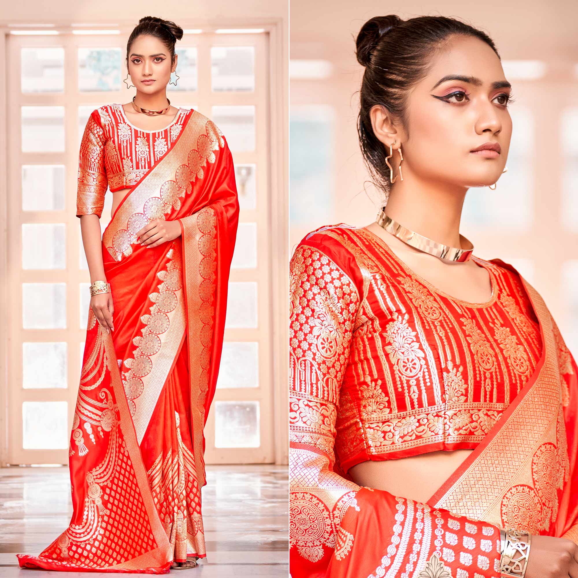 Red Woven Satin Saree