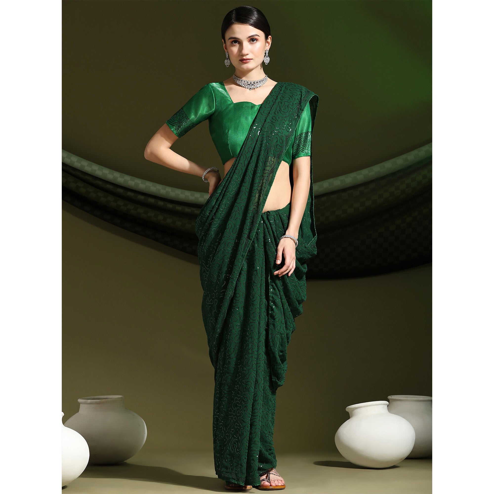 Green Sequins Embroidered Georgette Saree