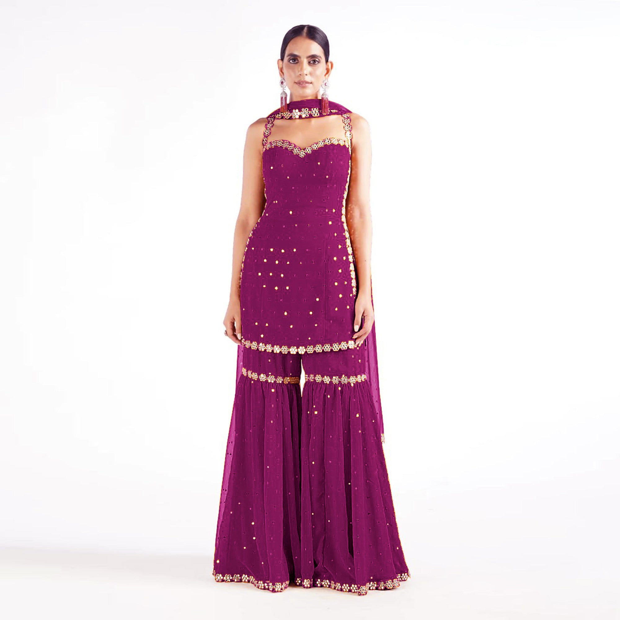 Purple Sequins Embroidered Georgette Sharara Suit