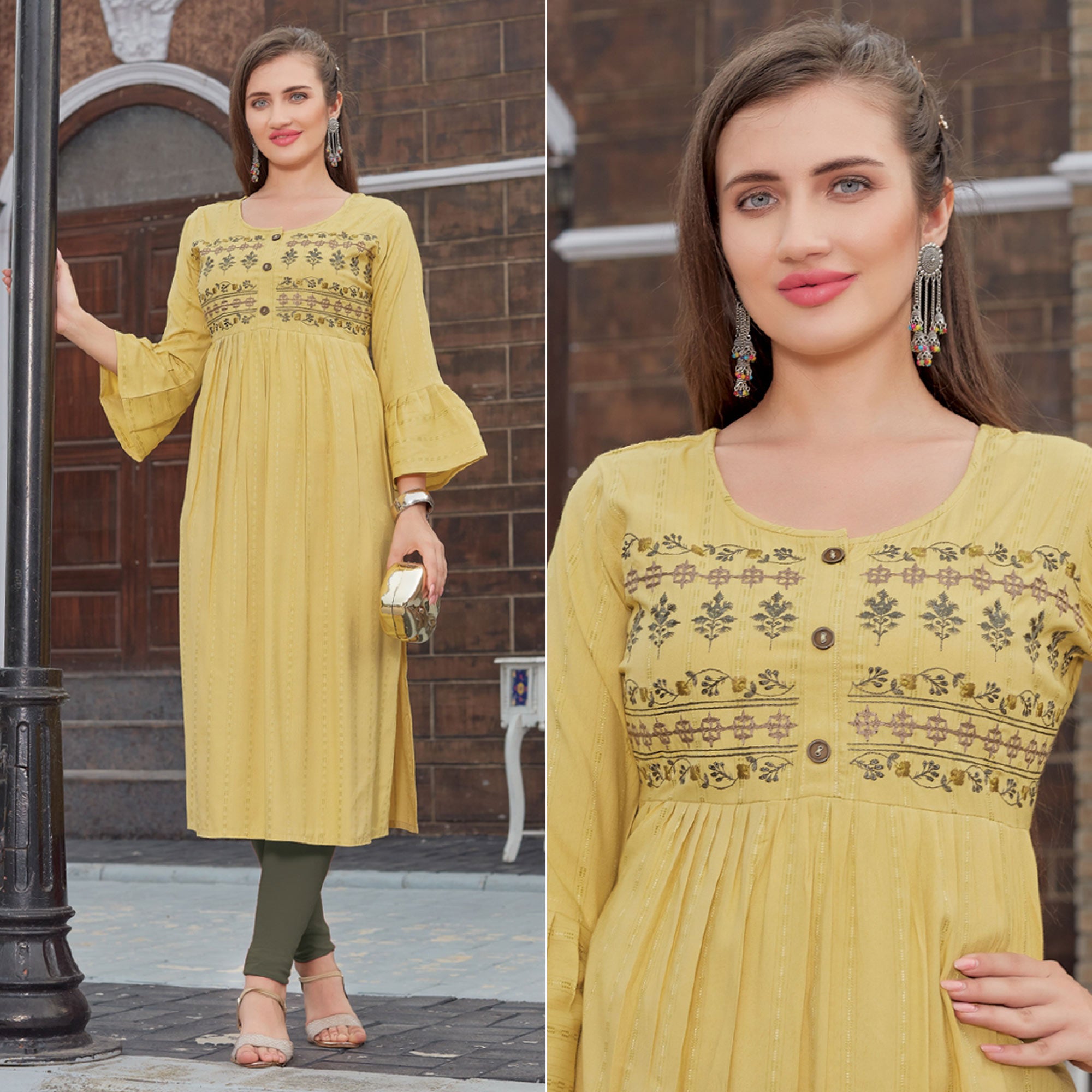 Mehendi Green Floral Embroidered Rayon Naira Cut Kurti