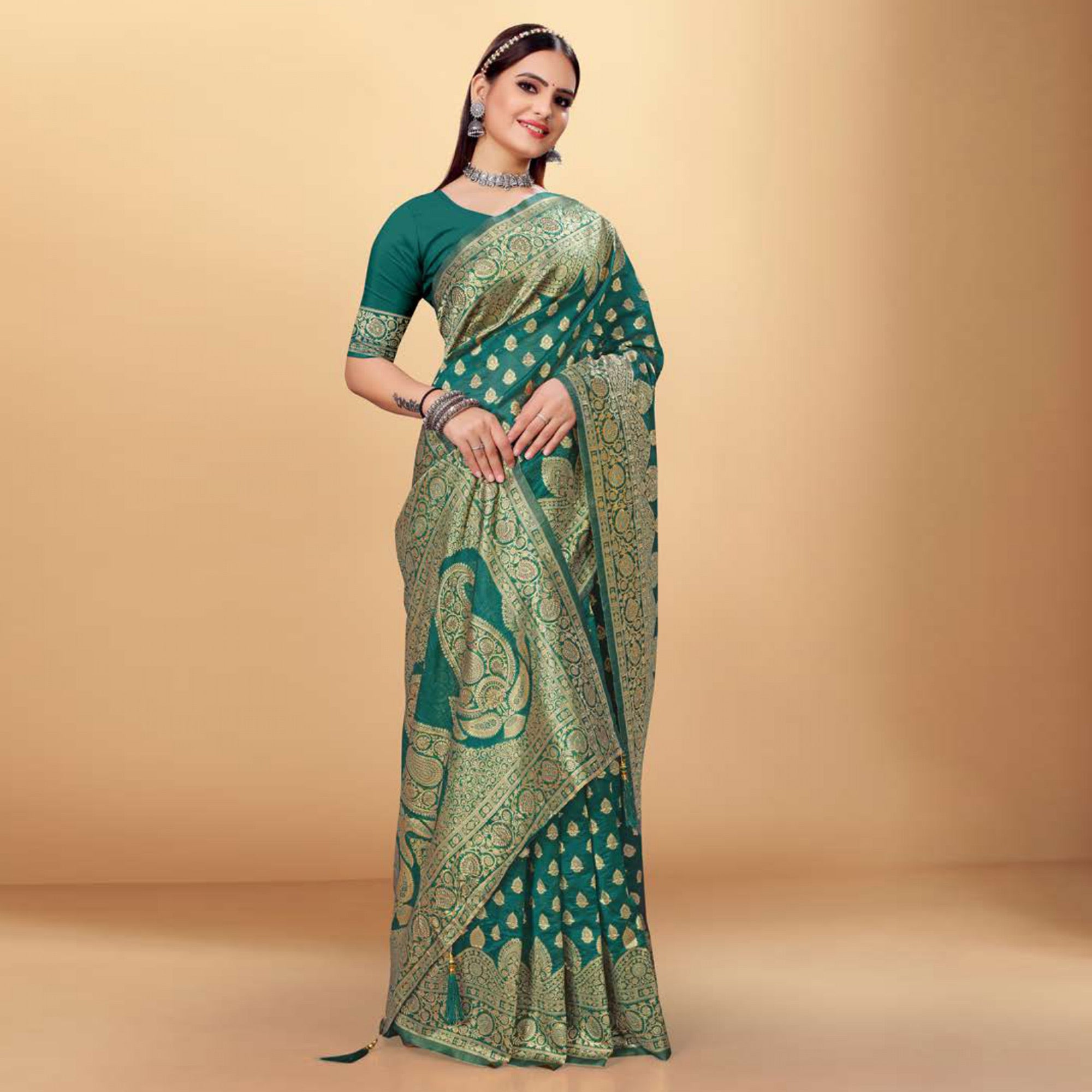 Green Woven Art Silk Saree With Tassels