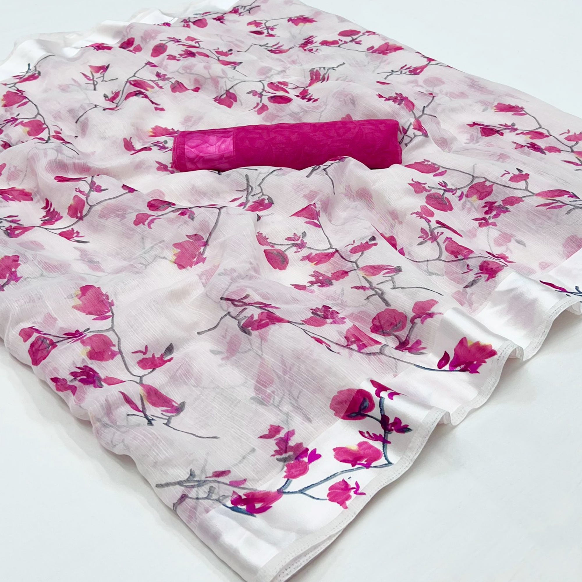 White Pink Floral Printed Linen Saree