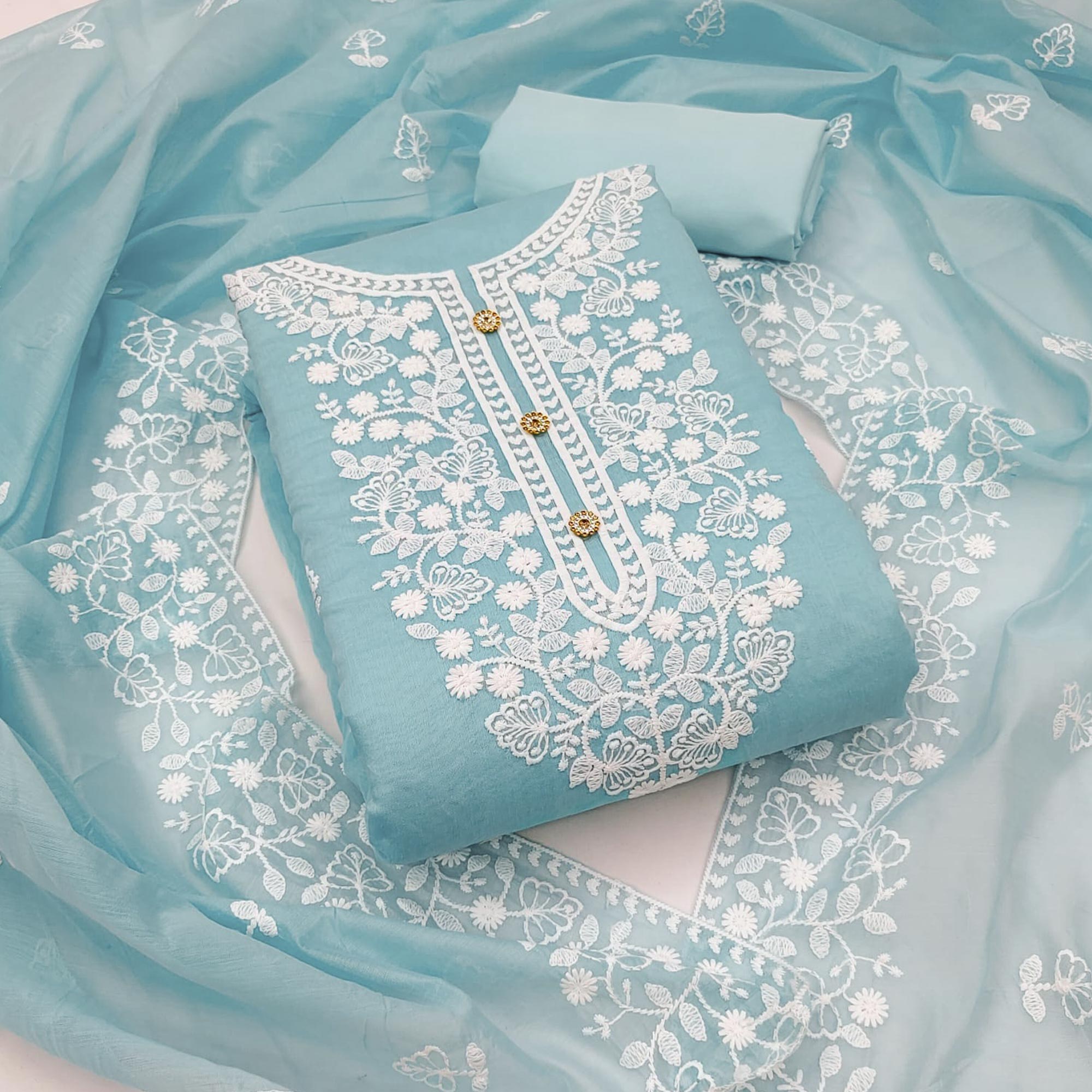 Sky Blue Floral Embroidered Modal Dress Material