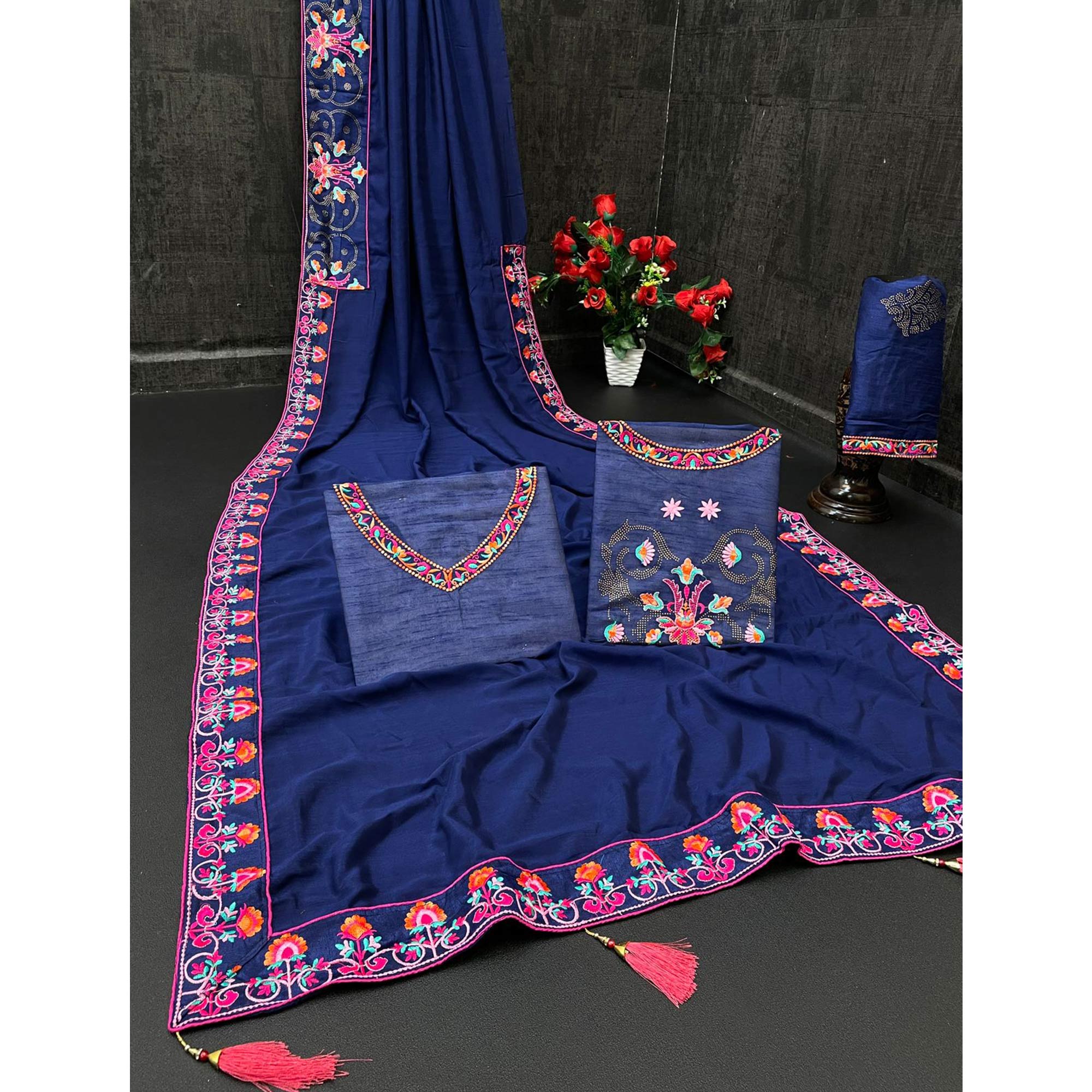 Blue Floral Embroidered Vichitra Silk Saree