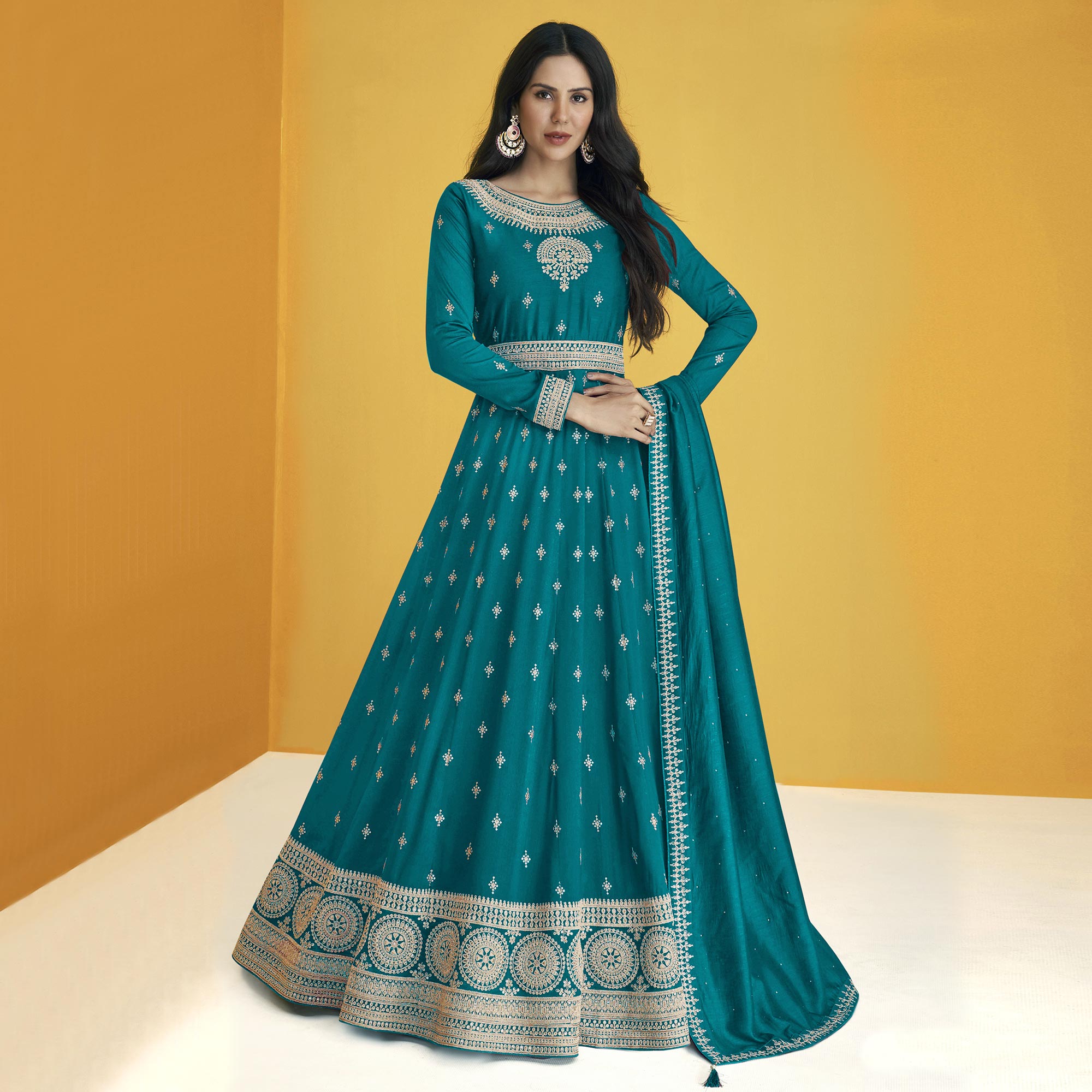 Teal Blue Sequins Embroidered Georgette Semi Stitched Anarkali Suit