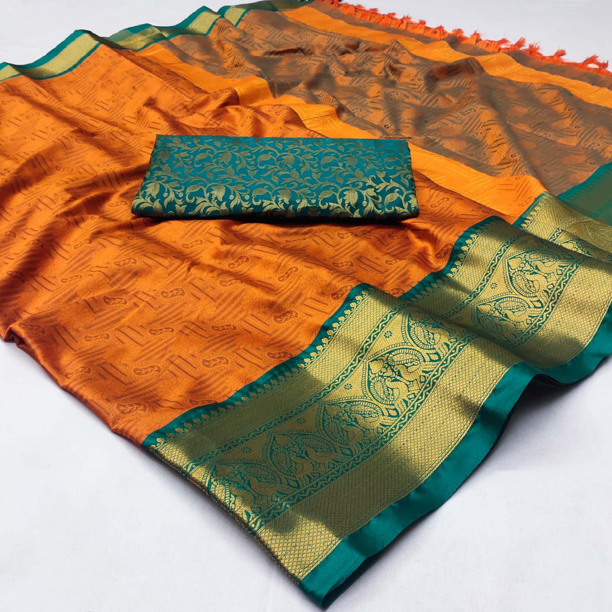 Orange Woven Cotton Silk Saree With Tassels