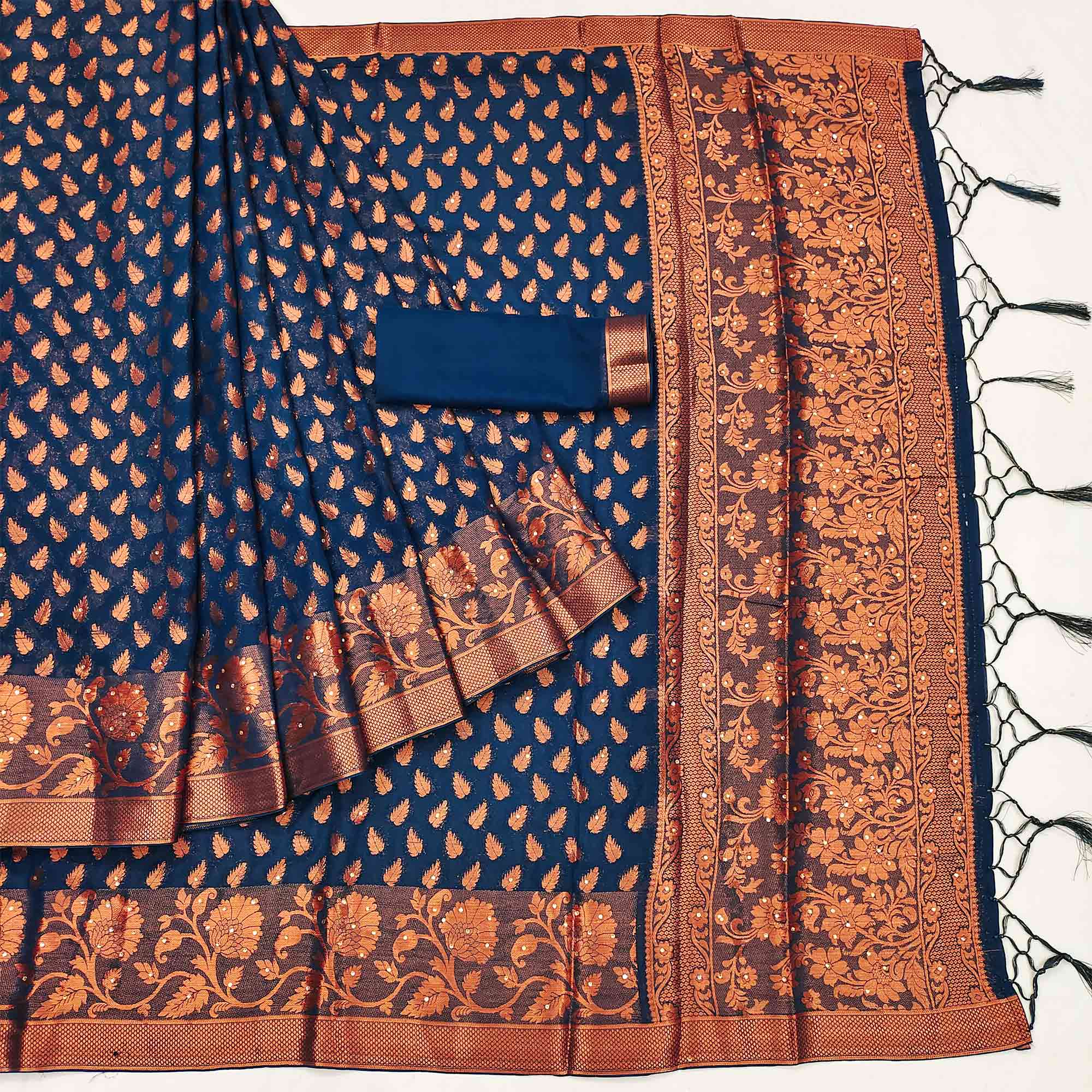 Navy Blue Floral Woven Chiffon Saree