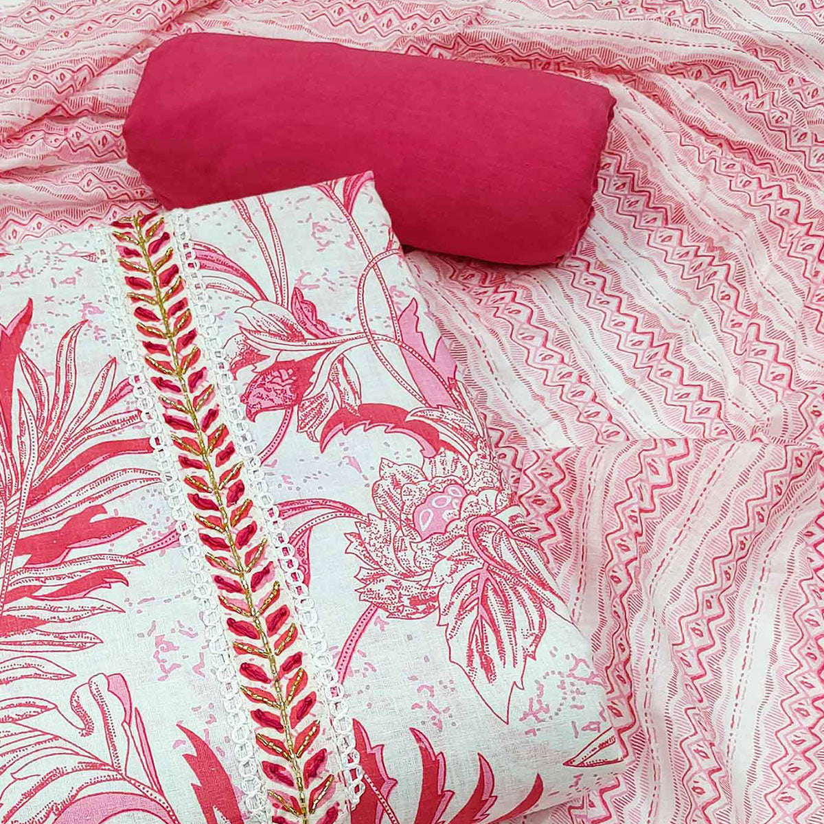 White & Pink Floral Printed Pure Cotton Dress Material