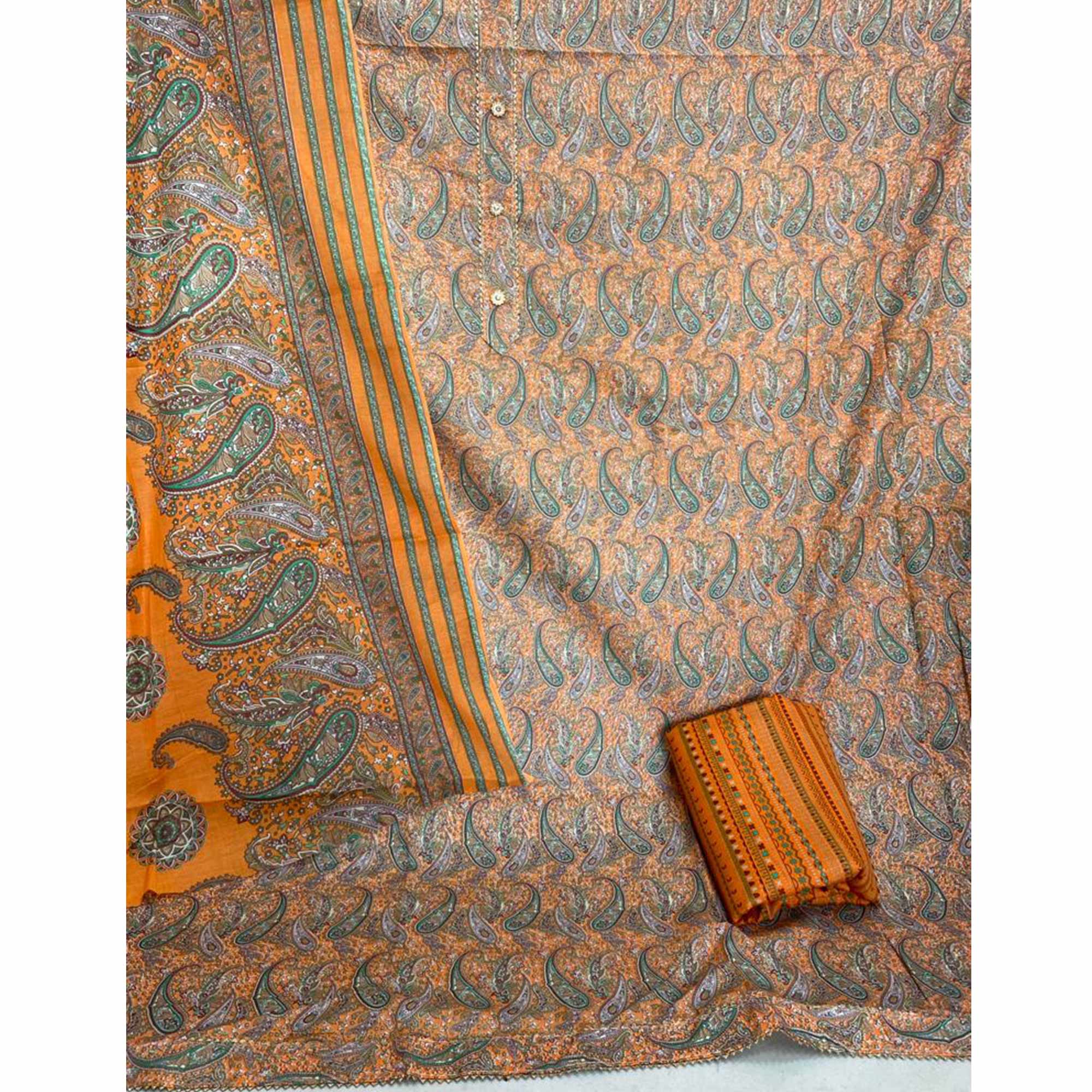 Orange Printed Cotton Blend Dress Material