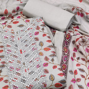 Grey Floral Printed-Mirror Work Pure Cotton Dress Material