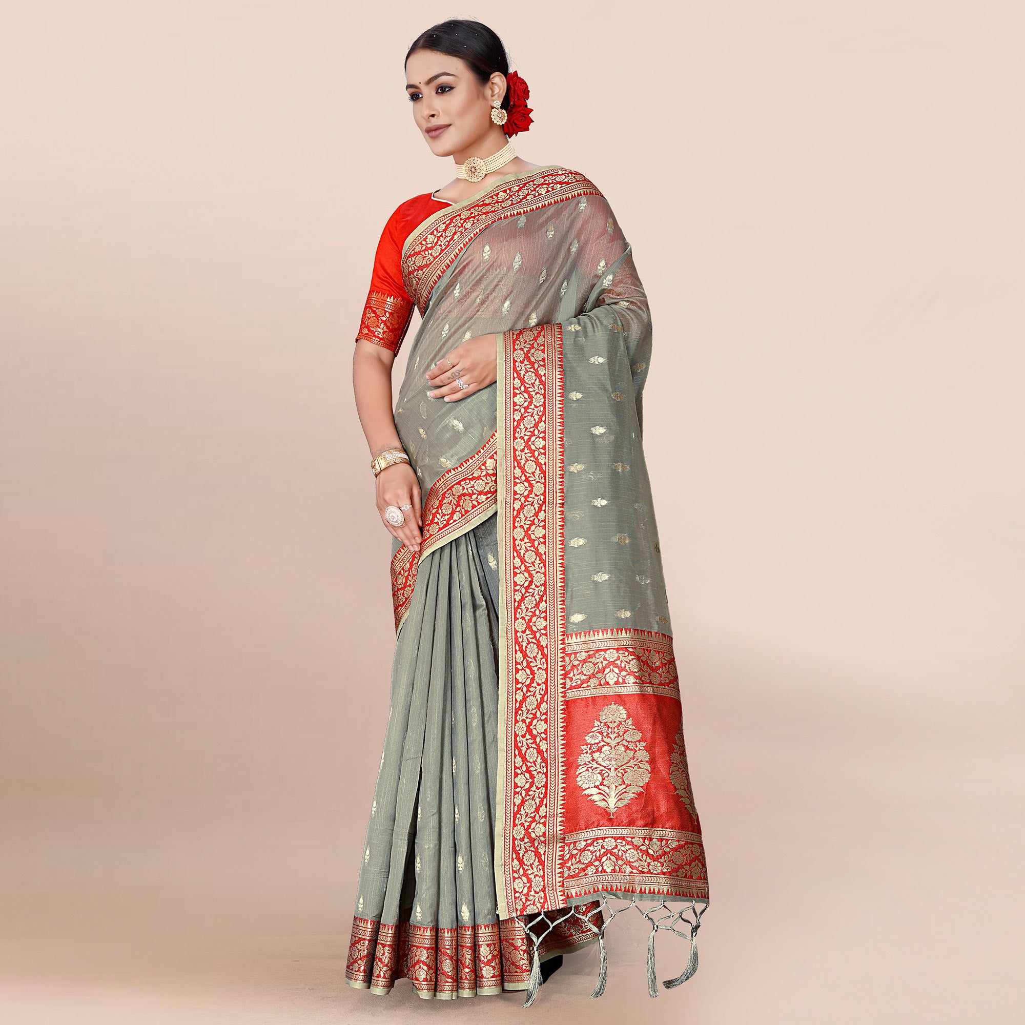 Grey Woven Organza Saree With Tassels