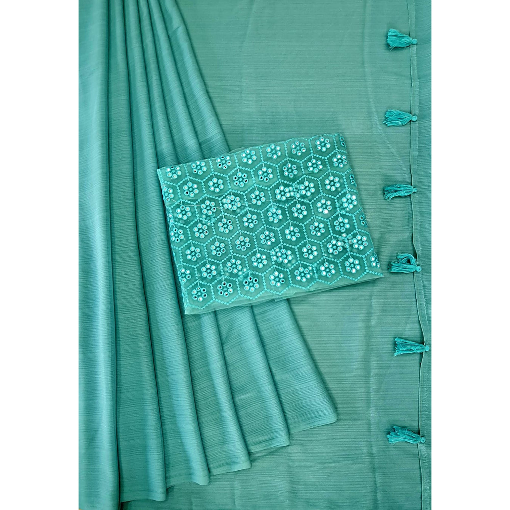 Blue Solid Chiffon Saree With Tassels